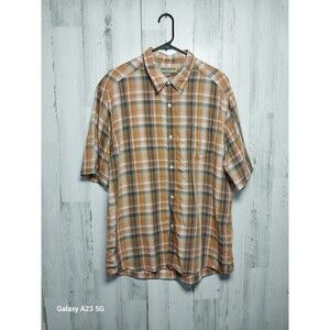 Quiksilver Shirt Men Extra Large Orange Plaid Logo Button Up Collar Short Sleeve